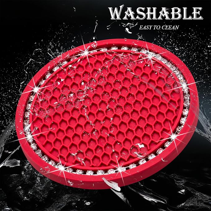 2PCS Bling Cup Holder Coaster, 2.75 Inch Auto Car Cup Holder Insert Coasters, Soft Silicone Anti-Slip Shockproof, Universal Vehicle Interior Accessories for Women Girls (Red & White)
