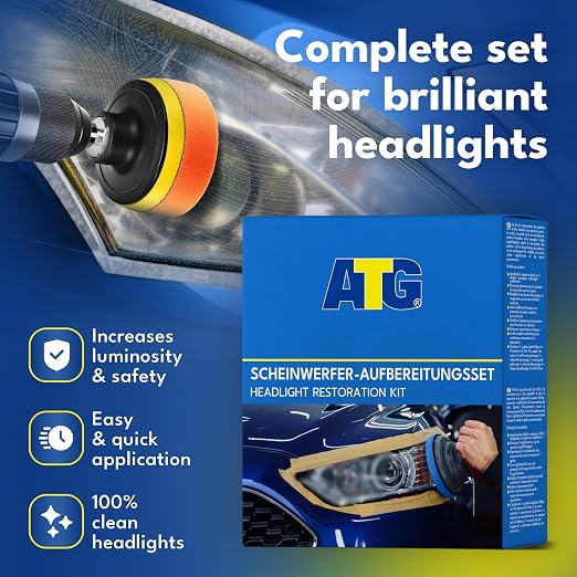 ATG Headlight Restoration Kit – Car Headlight Cleaner and Restorer for Plastic Lenses – Removes Haze and Yellowing – UV Protection – Easy to Use