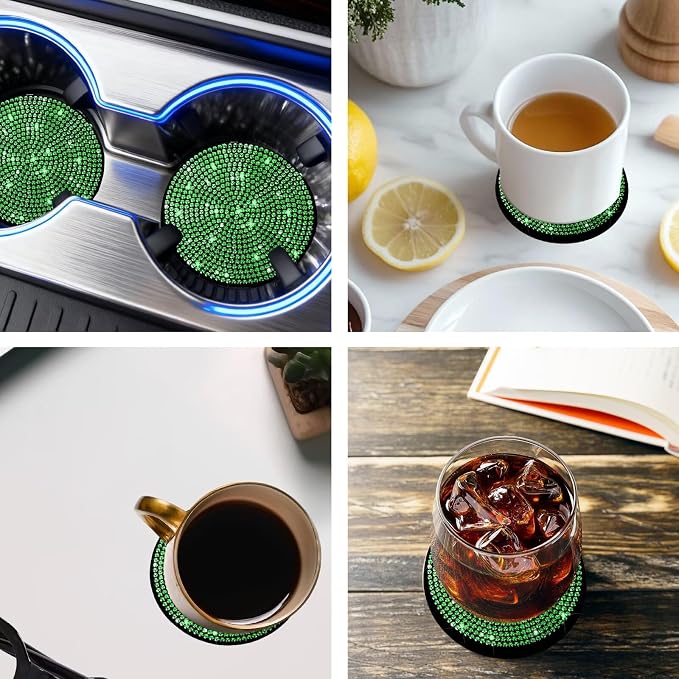BFXM 2 PCS Bling Cup Holder Coaster, 2.75 inch Diamond Universal Non-Slip Silicone Cup Holder Coasters, Sparkly Bling Car Accessories for Women (Green)