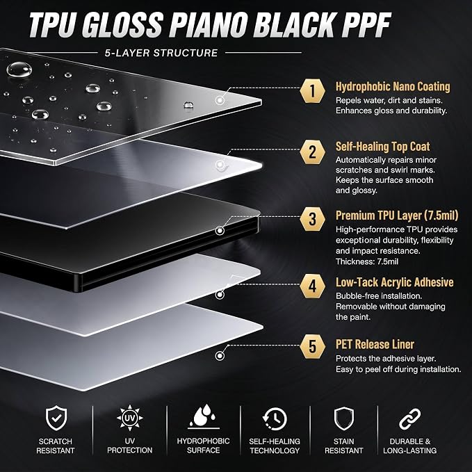 Piano Black PPF Paint Protection Film 50FT x 5FT Roll with PET Liner, Ultra Gloss Finish, Bubble-Free & Repositionable Adhesive, UV Protection for Cars, SUVs, Trucks (Ultra Gloss Black PPF)