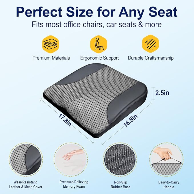 kingphenix Car Seat Cushion – Memory Foam Pad for Driving Comfort – Boosts Height and Relieves Coccyx & Lower Back Pain – Car, Truck, Office Chair (Leather Black & 4D Mesh Gray)