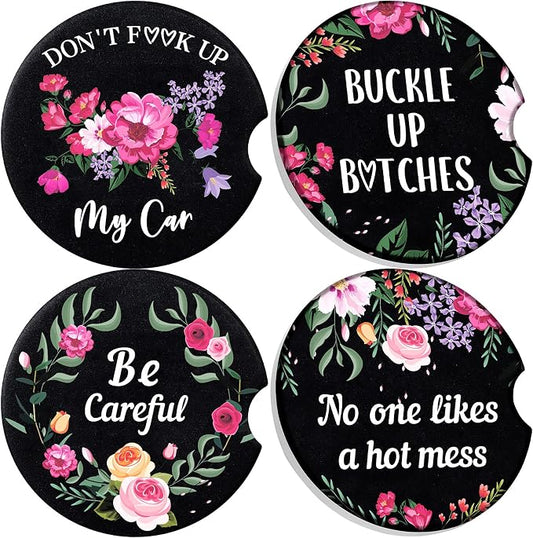 Boao 4 Pcs Floral Car Cupholder Coasters for Valentine's Day, Ceramic Coasters 2.56'' Anti Slip Base with Finger Notch for Dry Clean, Car Interior Accessories, Birthday Gifts