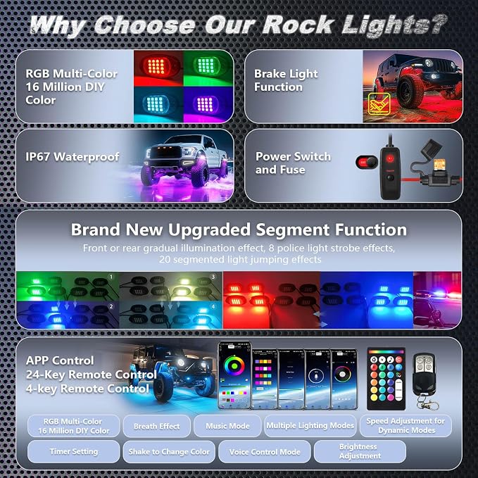 4Pods Segmented RGB LED Rock Lights Kit for ATV UTV 4 Wheeler Can-Am SXS RZR Side By Side Offroad Golf Cart with APP/RF Remote, Multicolor Bright Underglow Light Waterproof Vehicle Music 12V Underbody