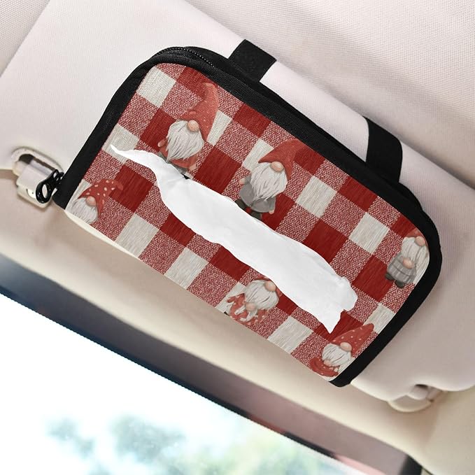 Car Visor Tissue Holder Mask Holder for Car, Car Tissue Box Sun Visor Napkin Holder Car Visor Accessories Adjustable Straps Reusable Durable Easy to Install Red Checkered Cute Gnome