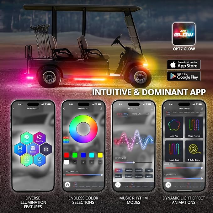 OPT7 12V Aura DreamColor Golf Cart Underglow LED Light Kit with App & Remote, 4PC Waterproof Multicolor Light Strips, Music Neon Accent Chasing Lighting for EZGO Yamaha Club Car, Outdoor Gifts
