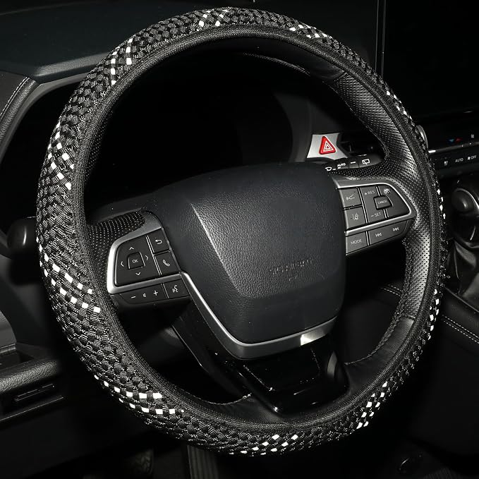 KAFEEK Elastic Mesh Car Steering Wheel Cover, Cute Black White, 15 Inch | Cooling Breathable Fabric, Non Slip Protector for Women Men, Summer Winter, Universal Fit