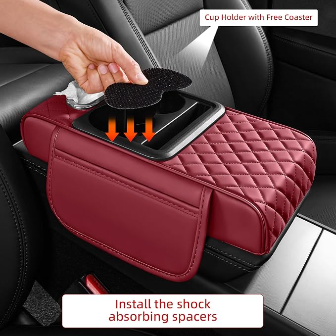5 in 1 Nappa Leather Console Armrest Cover, Burgundy | Built-in cup holder, tissue slot, phone holder & 2 storage pockets, practical car accessories fit SUV sedan truck