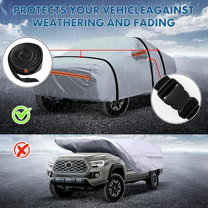 Car Cover, Fit for 213"-237" Length Pickup Truck, 6-Layer All-Weather Waterproof, Universal in All Seasons, Snow Prevention, Rainproof, Acid Rainproof, Sunscreen, Orange Reflective Strip