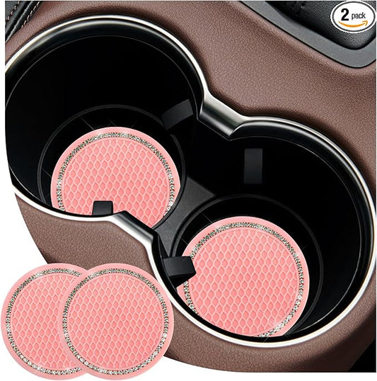 2PCS Bling Car Cup Coaster, 2.69 Inch Anti-Slip Auto Cup Holder Drink Mat w/Crystal Rhinestones, Universal Shiny Diamond Vehicle Insert Coasters Cups Mats for Women (Pink & White)