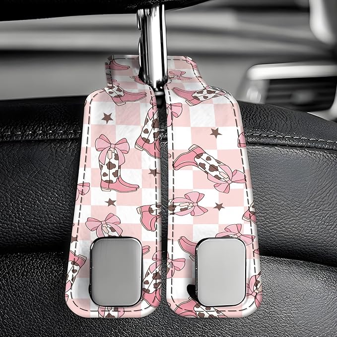 Car Seat Back Storage Headrest Hook, Premium Leather Double Metal Hook, Hanger Storage Organizer for Purse Cloth Bag, Car Interior Accessories Checkered Cow Bowtie