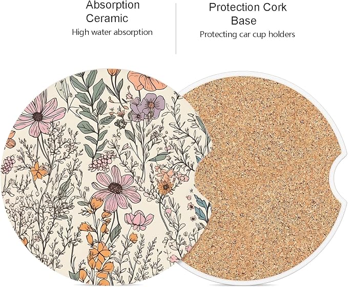Ceramic Car Coasters – Absorbent Car Cup Holder Coaster Set for Women, Cute Aesthetic Car Accessories for Girls, 2 Pack (Sandstone)