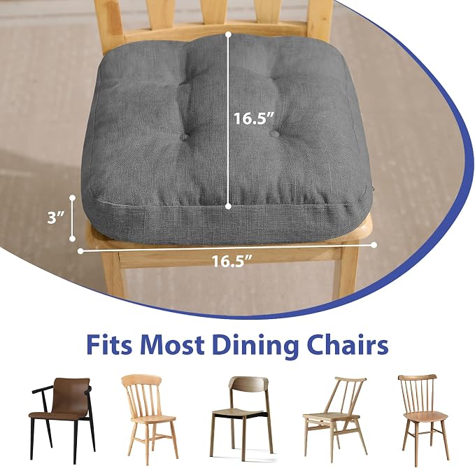 IASEAHK Chair Cushions for Dining Chairs, Dining Chair Cushions, Tufted Indoor Chair Pads with Ties & Non Slip Backing, Seat Cushions for Kitchen Chairs 16.5” x 16.5” x 3.5”, Set of 4, Grey