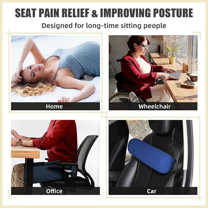Coeyese Lumbar Roll Pillow for Lower Back Support, Dark Blue, 11*4.3'' | Removable Pillowcase, Upgraded Adjustable Strap, Suitable for Office, Chair, Car, Seat Pain Relief & Improving Posture