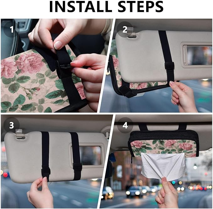 Car Visor Tissue Holder Mask Holder for Car, Car Tissue Box Sun Visor Napkin Holder Car Visor Accessories Adjustable Straps Reusable Durable Easy to Install Pink Vintage Roses with Leaves
