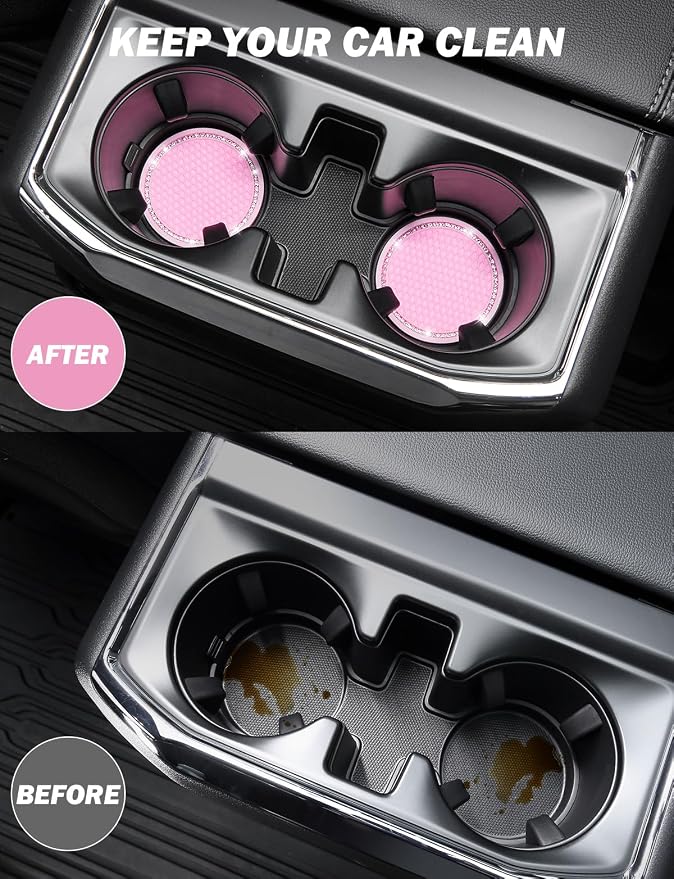 JOYTUTUS Cup Holder Coasters for Car, 2 Pack Universal Anti-Slip Car Coasters with Crystal Rhinestone, 2.75 inch/6.98 cm PVC Cup Holder Insert Coaster, Pink Car Accessories (Pink with Diamond)
