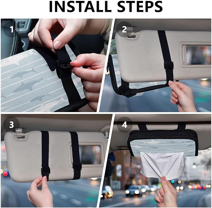 Car Visor Tissue Holder Mask Holder for Car, Car Tissue Box Sun Visor Napkin Holder Car Visor Accessories Adjustable Straps Reusable Durable Easy to Install Blue Striped Sharks