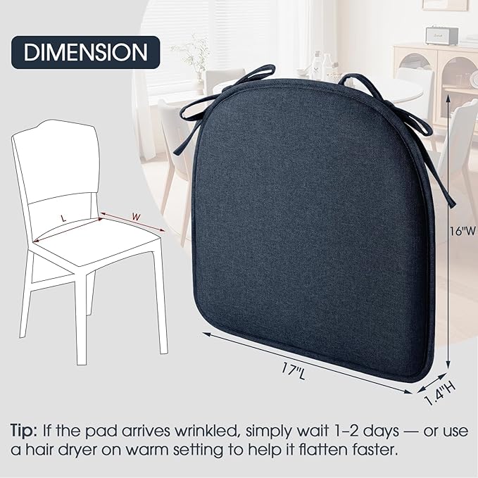 TushGuard Chair Cushions, 4 Pack Memory Foam Chair Pads, Thin Seat Cushion, Kitchen Chair Cushions Set of 4, Anti-Slip Backing & Fixed Straps, 1.4 in Thick, Blue