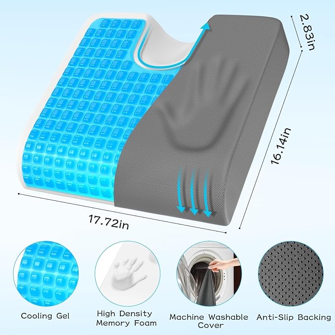 TranquilMoments Seat Cushion, Gel Wheelchair Seat Cushion，Ergonomic Chair Cushions for Office Chairs & Car, Relieve Sciatica, Back and Tailbone Pain, Removable Cover & Non - Slip Bottom, Grey