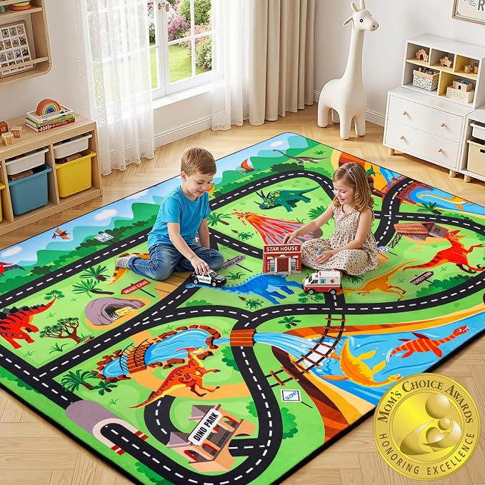Kids Dinosaur Rug, 5x7 Ft Car Rug Play Mat for Kids | Extra Thick 0.4 in Soft Non-Slip Car Carpet Play Dino Rug with Realistic Roads for Toy Cars,Bedroom, Playroom & Nursery