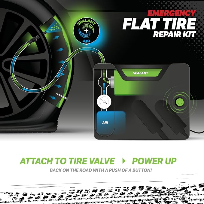 Slime 50139 Flat Tire Puncture Emergency Kit, Includes Sealant and Tire Inflator Pump, Analog, Suitable for Cars and Other Highway Vehicles, 10 Min Fix