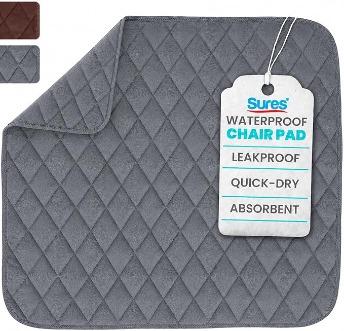 Sures Waterproof Chair Pads for Incontinence (22" x 21") - Washable, Waterproof Seat Protector - Chair Protector Seat Cover - Absorbent Pad for Bed, Seat, Car, Wheelchair & Recliner (Gray, 1 Pack)