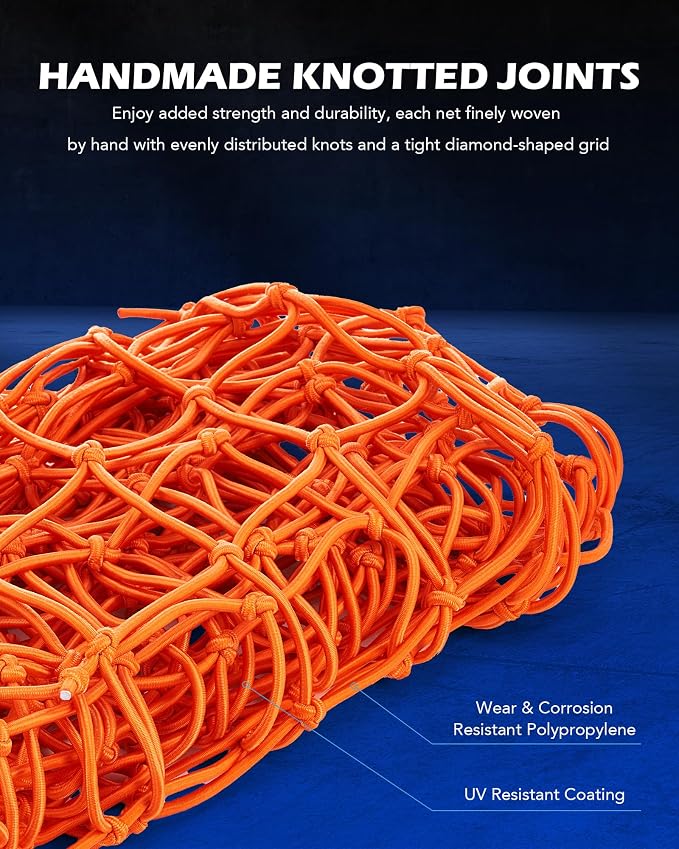 OMT 3x4ft Cargo Net Flat Webbing for Roof Rack and Truck Bed, Orange | Stretches to 6x8ft, Anti-Tangling 4x4in Design; Restraint Straps Included; Fast Setup; Ideal for SUV Roof Racks Trailer