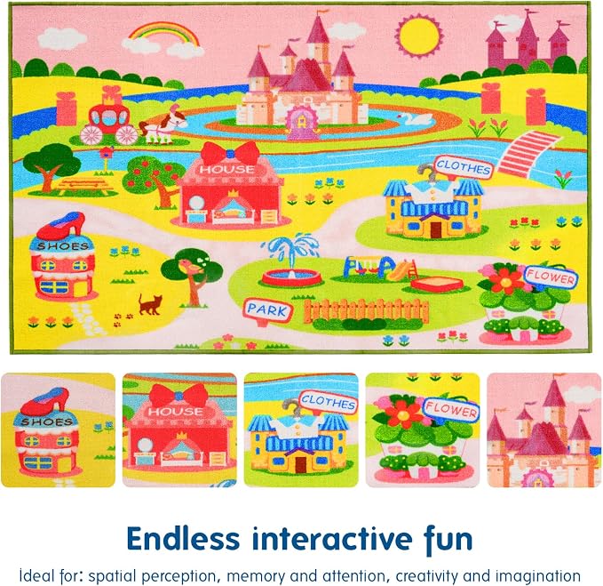 Booooom Jackson Pink Castle Play Rug, 39"x59" | Non-Slip Washable Pink Castle Play Rug, Gift for Girls Ages 3+, Imaginative Play, Playroom & Bedroom Decor