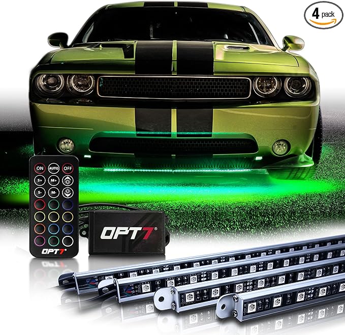 OPT7 Aura RGB Aluminum Car Underglow Kit with Remote Control | Waterproof Rigid LED Bars, Multicolor Underbody Lighting, Exterior Neon Accent Ground Lights, 12V Car Decor