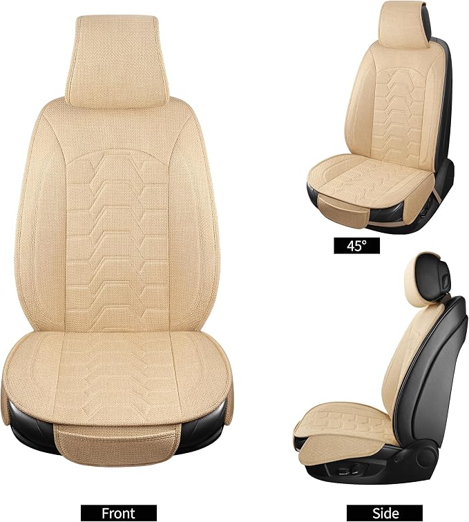 Linen car Seat Covers Breathable Cloth Fabric Seat Protector Front seat Covers Universal Fit for 95% Automotive, Car, Van, SUV, Trucks（（Beige，2PCS）