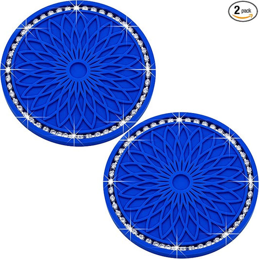 2PCS Bling Car Cup Holder Coasters, 2.75 Inch Silicone Anti-Slip Insert, Bling Shockproof Cup Mat for Women Girls, Universal Fit for Most Vehicles (Deep Blue & White)