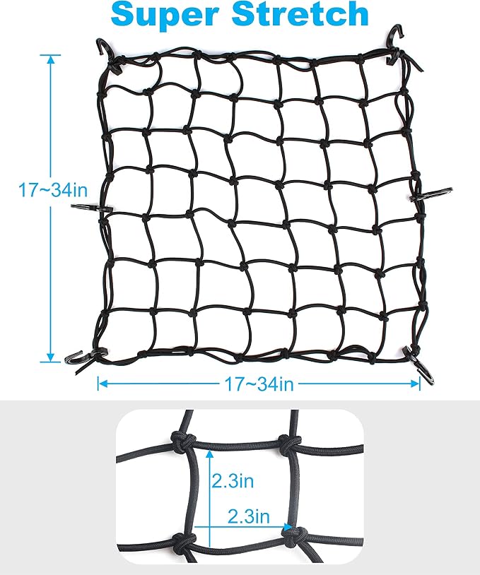 15.7"x15.7" Cargo Net, Heavy Duty Bungee Net Stretches to 31.5"x31.5", Gear Helmet Luggage Thicken Netting with 3"x3" Small Mesh & 6 Adjustable Metal Hooks for Motorcycle, Bike, ATV