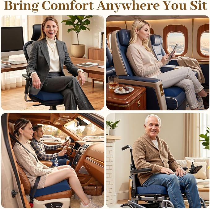 TranquilRelax XLarge Seat Cushion, Memory Foam Cushion for Long Sitting Hours on Office Chair, Home & Car, Non-Slip Chair Pad for Relieving Back & Sciatica & Hip & Coccyx Pain (Blue)