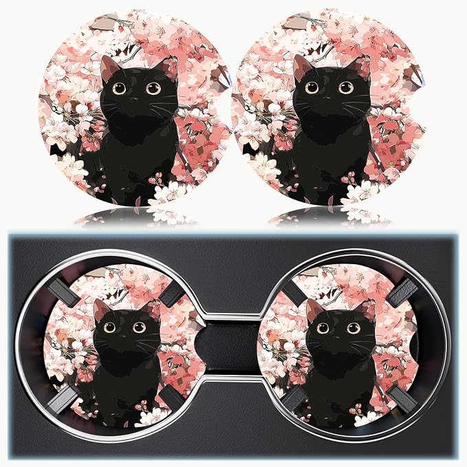 Car Cup Holder Coaster Set of 2, 2.56 in Ceramic Coasters, Scratch-Resistant Cork Backing, Finger Groove Design for Easy Placement, Cute Car Accessories Interior for Women (Cute Kitten)