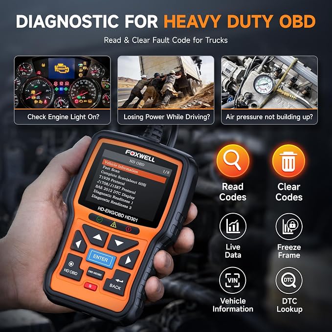 FOXWELL HD301 Heavy Duty Truck Scanner, Full System Diesel Scan Tool with 6/9/16 Pin, 2 in 1 Code Reader for Trucks & Car Engine, Diesel Diagnostic Tool for Cummins, Paccar, Caterpillar