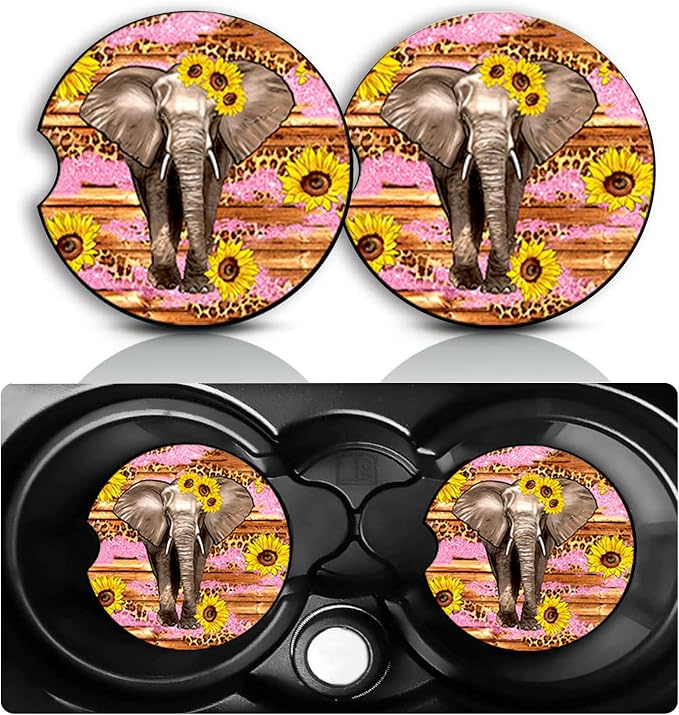Sunflower Elephant Car Cup Holder Coasters Set of 2 – Fun Elephant Car Accessories 2.75" Universal Size Anti Slip Rubber Mat Auto Insert Coasters Decor Elephants Gifts for Women Men Dad Grandpa