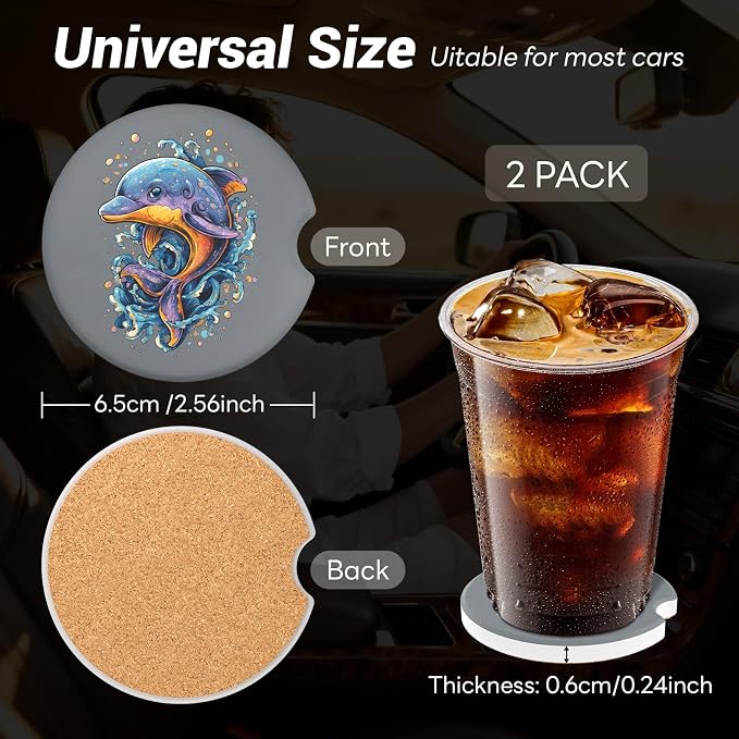 Car Cup Holder Ceramic Coasters 2 Pack, 2.56 in Anti Slip Absorbent Coaster with Cork Base and Finger Notch, Funny Cute Car Accessories Interior for Women, Whale