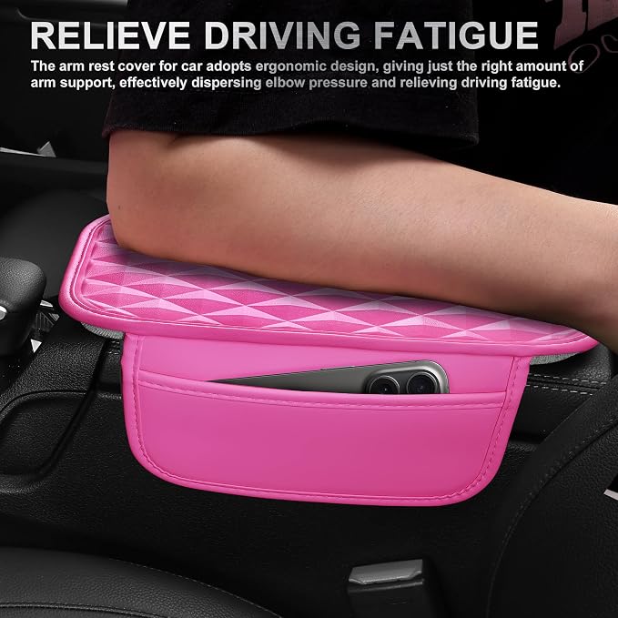 CAR PASS 3D Rhombus Pink Leather Steering Wheel Cover Car Accessories Set, Center Console Armrest Cushion with Storage Bags 2 Non-Slip Cup Coasters, 14.5-15in Cute Car Interior Sets, 4 PCS Hot Pink