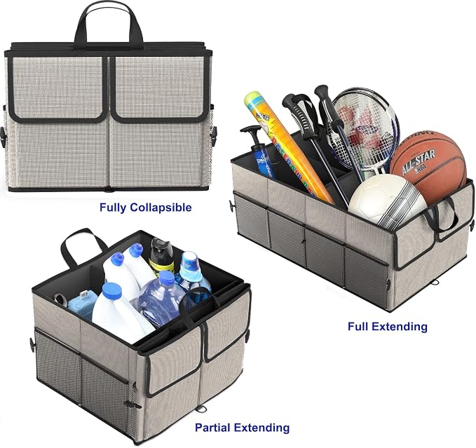 EPAuto Foldable Car Trunk Organizer for SUV, 3-Compartment, Gray | with Removable Divider, Side Pockets and Securing Straps