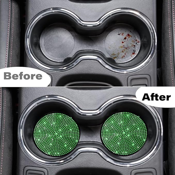 BFXM 2 PCS Bling Cup Holder Coaster, 2.75 inch Diamond Universal Non-Slip Silicone Cup Holder Coasters, Sparkly Bling Car Accessories for Women (Green)