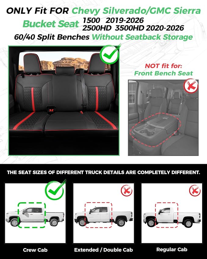 Custom Leather Seat Covers for 2019-2026 Sierra/Silverado 1500 | Only Crew Cab, Fits 2500/3500HD 2020-2026, no Rear Armrest/Seatback Storage, Waterproof, Scratch-resistant, Easy-clean