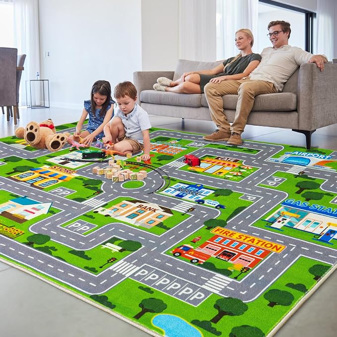 Car Rug Play Mat for Kids Toy Cars, City Road Traffic Playmat for Kid Bedroom, Non-Slip Machine Washable Kids Rugs for Learn and Have Fun 3'x4'/ 36"x48", Green