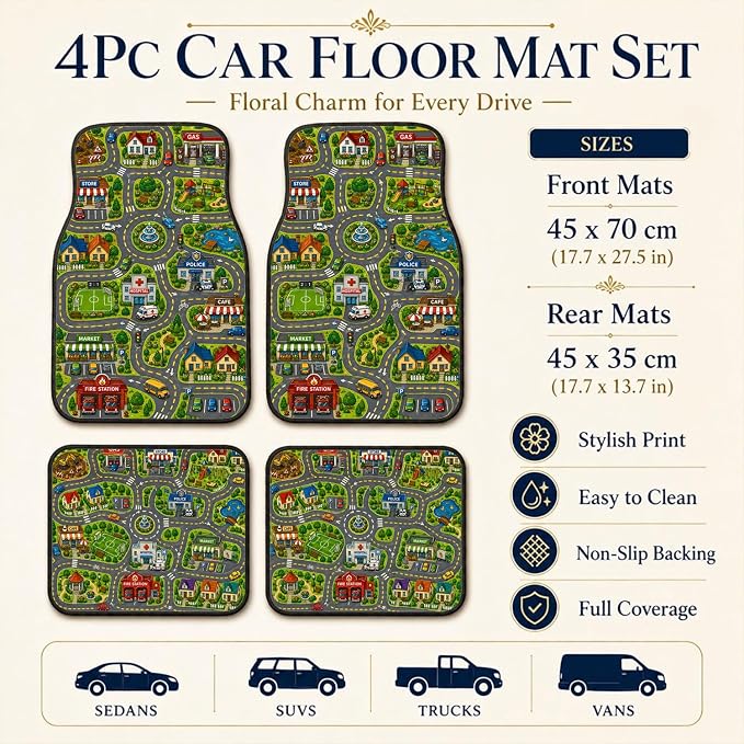 City Road Car Floor Mats Set of 4 Child Playmat Traffic Town Car Accessories Foot Mats Rugs, Non-Slip,Decor for Universal Fit for Suvs Sedans Trucks Cars Auto Floor Carpets Rugs All-Weather