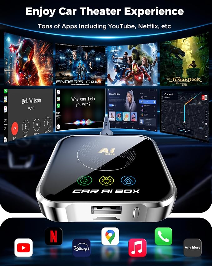 Magic AI Box Wireless CarPlay Adapter, Fast Car Video Box Plug & Play, Easy Setup, Supports Netflix/YouTube/TF Card Equalizers and More for OEM Wired CarPlay/Android Auto Cars(Smoky Gray)