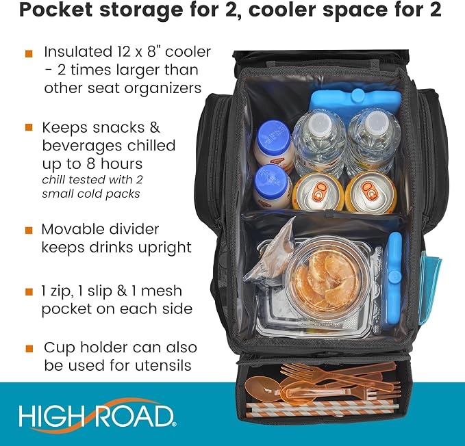 CarHop Car Organizer, Car Snack Organizer with Cup Holder, Tray and Cooler | High Road Middle Seat, Passenger Seat and Back Seat Car Organizer - Road Trip Cooler for Car with Tray and Side Pockets