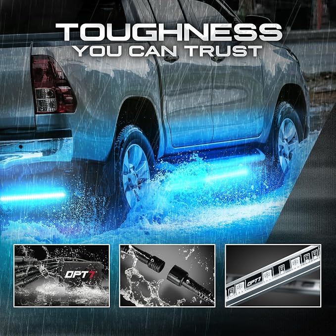 OPT7 Aura RGB Aluminum Truck Underglow Kit with Remote Control | Waterproof Rigid LED Bars, Multicolor Underbody Lighting, Exterior Neon Accent Ground Lights, Off Road Pickup Jeep Gifts, 12V