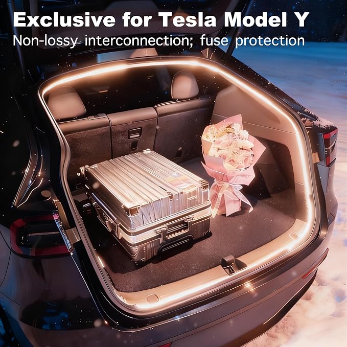 Trunk LED Ambient Neon Light Strips for Tesla Model Y & Juniper (2021-2026) - Waterproof Silicone, High Brightness, APP-Controlled, Auto On&Off, for Car Trunk & Camping Atmosphere (Warm White)