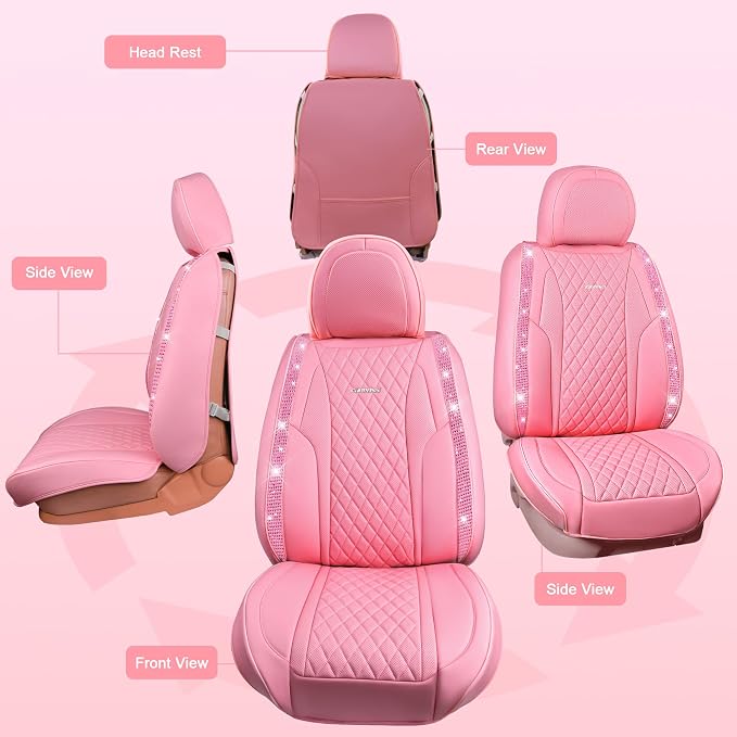 CAR PASS Pink Nappa Leather Car Seat Covers for Full Seats, Bling Diamond Waterproof Seat Protectior Universal Fit Auto SUV Sedan Truck Glitter Sparkly Shining Rhinestone for Women Girl, Pink Leather