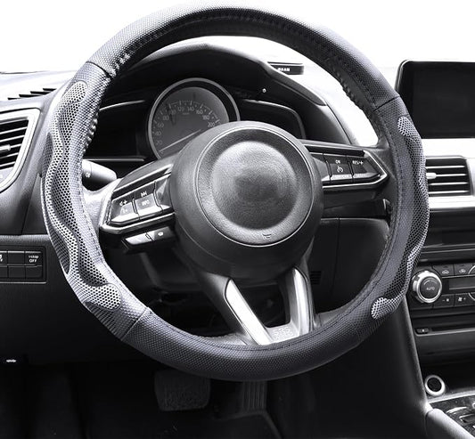 Elantrip Leather Steering Wheel Cover Great Grip with 3D Honeycomb Anti-Slip Design, Universal 14.5-15 Inch Car Wheel Protector Black and Gray