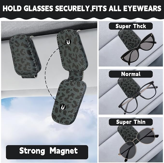 2 Pcs Sunglass Holder and 1Pcs Car Tissue Holder for Car, Magnetic Leather Sunglasses Holder Car Sun Visor Glasses Hanger Clip,Car Interior Accessories for Women(Black Leopard Print)