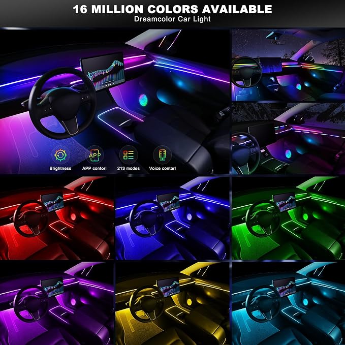 Dreamcolor Acrylic Interior Car LED Strip Light with Wireless APP, RGB 22 in 1 with 175 inches 612 LEDs Fiber Optic Strip Lights for Car, Dual Zone Music Sync Neon Car Ambient Lighting Kits